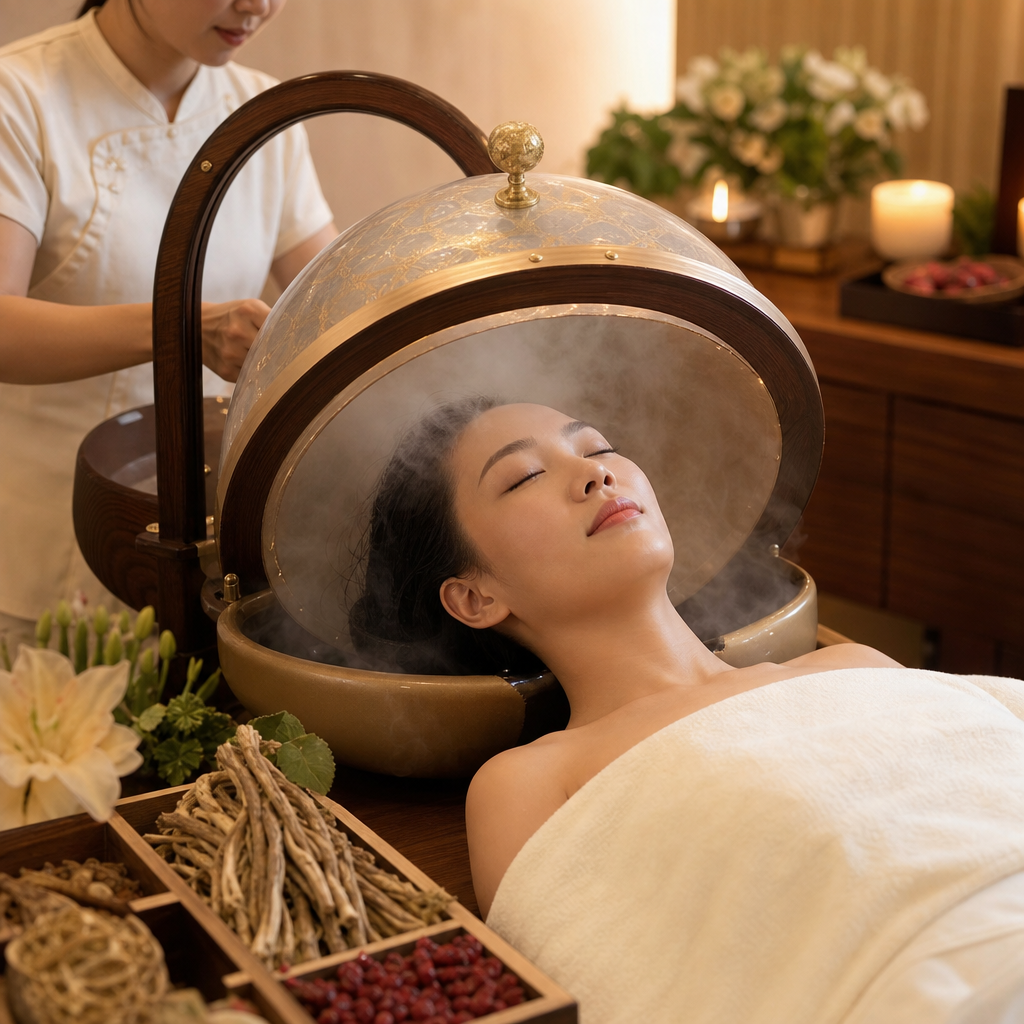 Traditional Herbal Steam Therapy step 5 of the Vela Head Spa head spa experience