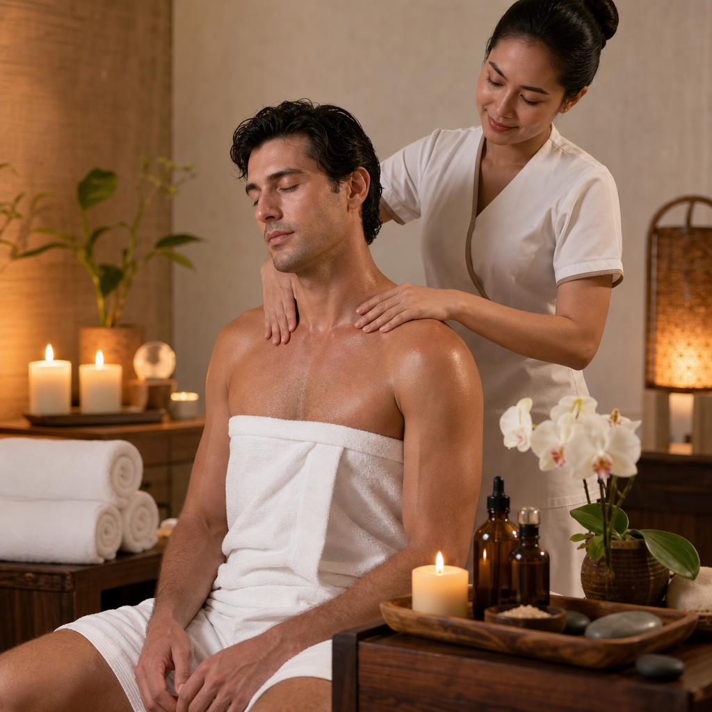 Female therapist massaging a male client at K Spa and Bodywork in Los Altos
