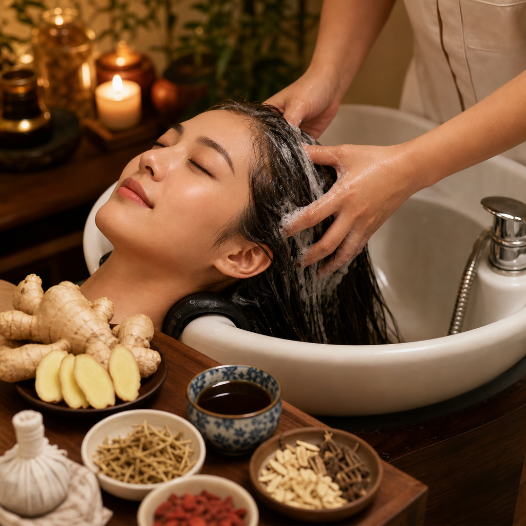 Guest receiving a warm herbal ginger scalp purifying therapy at Vela Head Spa